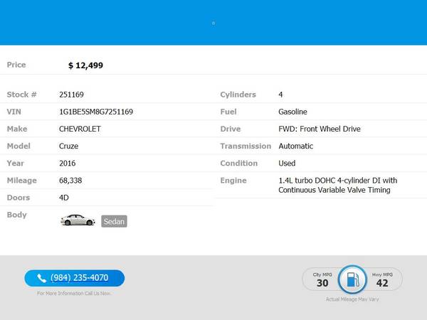 2016 Chevrolet Cruze LT PRICED TO SELL! - $12,499 (2604 Teletec Plaza Rd. Wake Forest, NC 27587)
