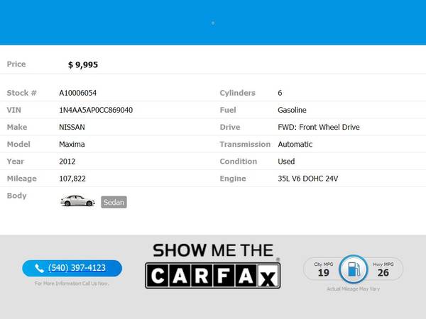 2012 Nissan Maxima SV FOR ONLY - $9,995 (Blue Ridge Blvd Roanoke, VA 24012)