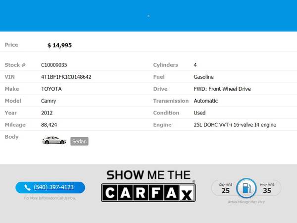 2012 Toyota Camry Sdn I4 Auto SE Sport Limited Edition Natl FOR ONLY - $14,995 (Blue Ridge Blvd Roanoke, VA 24012)