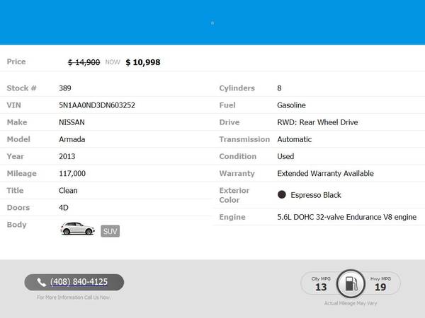 2013 Nissan Armada SV - $10,998 (190 WELBURN AVE GILROY, CA 95020)