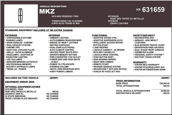 2019 Lincoln MKZ Reserve with 46K miles. 30 Day Warranty! - $21,863 (Jordan)