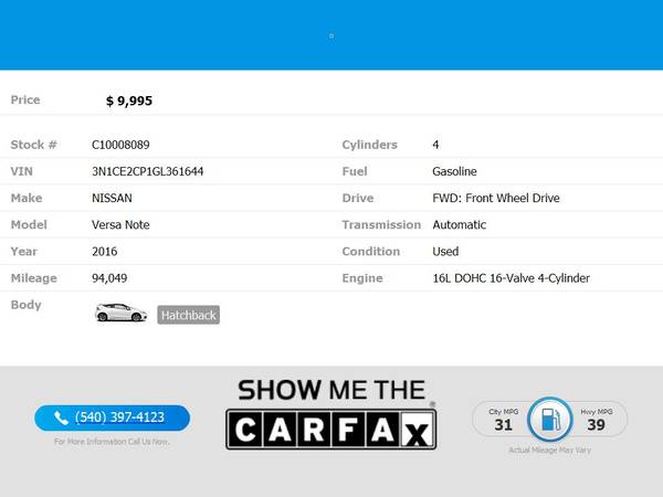 2016 Nissan Versa Note HB CVT 16 S Plus FOR ONLY - $9,995 (Blue Ridge Blvd Roanoke, VA 24012)