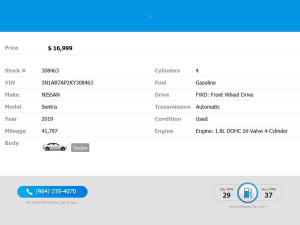 2019 Nissan Sentra SV PRICED TO SELL! - $16,999 (2604 Teletec Plaza Rd. Wake Forest, NC 27587)