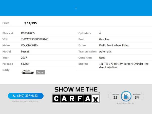 2017 Volkswagen Passat 18T S Auto FOR ONLY - $14,995 (Blue Ridge Blvd Roanoke, VA 24012)