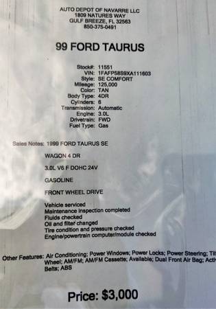1999 Ford Taurus 4dr Wgn SE - $2,850 (WWW.AutoDepotofNavarre.COM Gulf Breeze near ZOO)