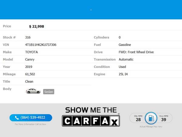 2019 Toyota Camry SESedan PRICED TO SELL! - $22,999 (Palmetto Used Cars)