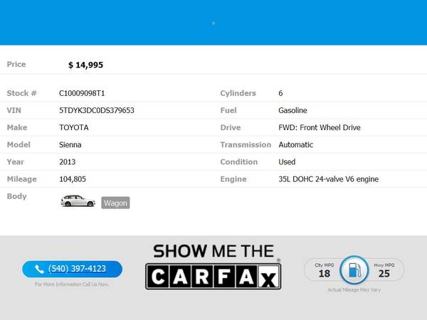2013 Toyota Sienna 7-Pass Van V6 XLE AASNatl FOR ONLY - $16,995 (Blue Ridge Blvd Roanoke, VA 24012)