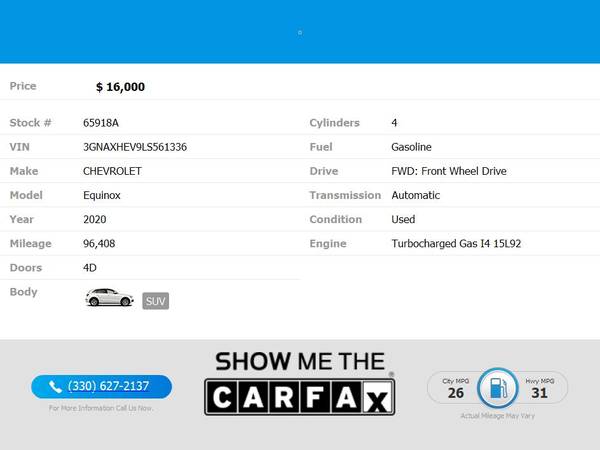 $249/mo - 2020 Chevrolet Equinox LS for ONLY - $16,500 (1155 Canton Road Carrollton, OH 44615)